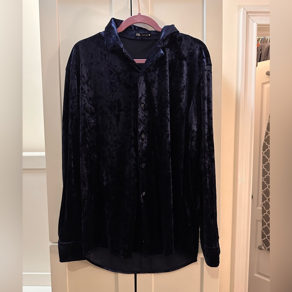 Zara dark blue velour button up shirt